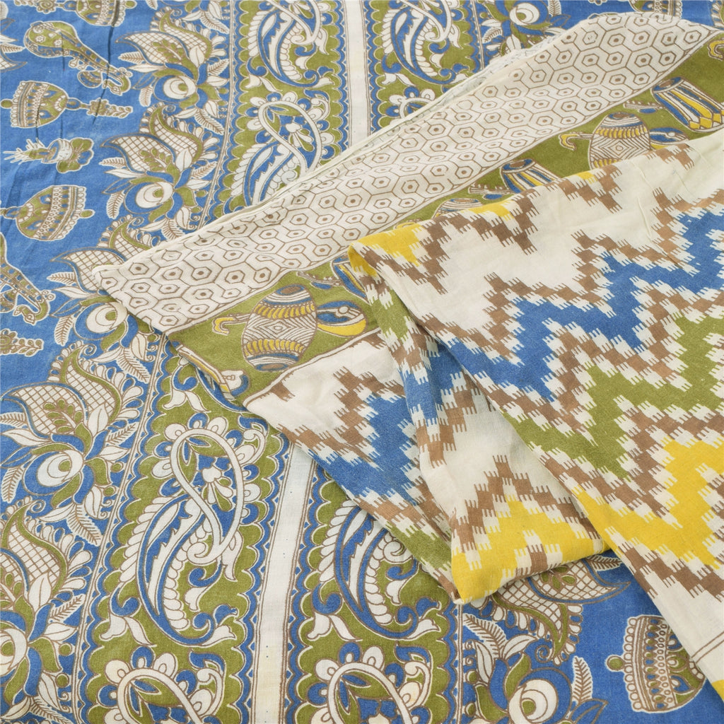 Sanskriti Vintage Sarees Ivory Handmade Kalamkari Pure Cotton Print Sari Sustainable Fabric