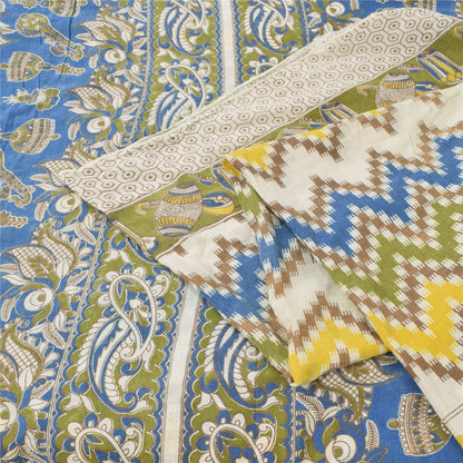 Sanskriti Vintage Sarees Ivory Handmade Kalamkari Pure Cotton Print Sari Sustainable Fabric