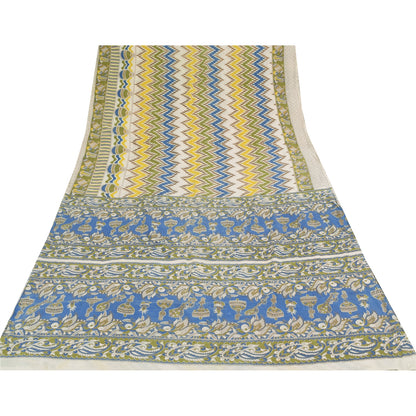 Sanskriti Vintage Sarees Ivory Handmade Kalamkari Pure Cotton Print Sari Sustainable Fabric
