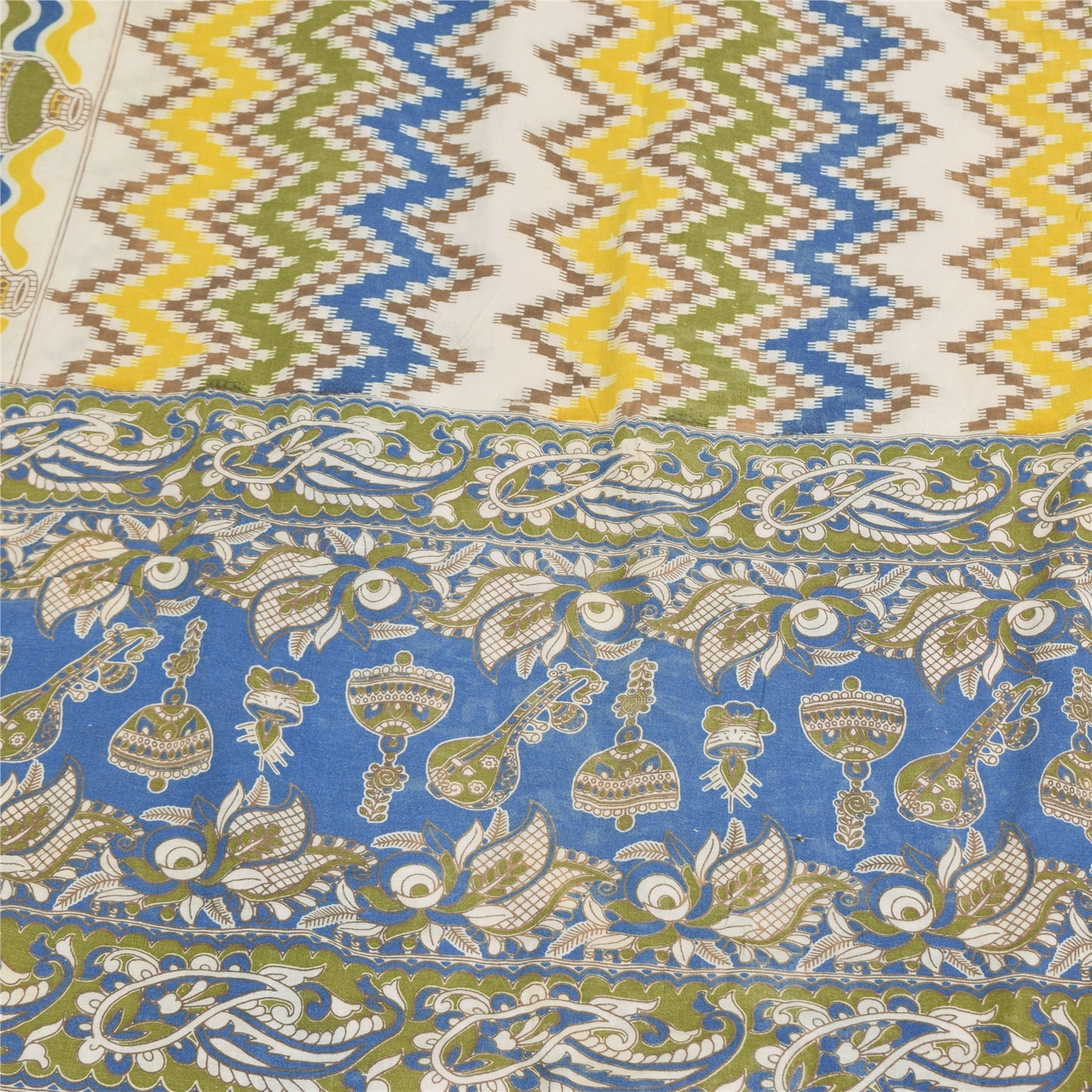 Sanskriti Vintage Sarees Ivory Handmade Kalamkari Pure Cotton Print Sari Sustainable Fabric