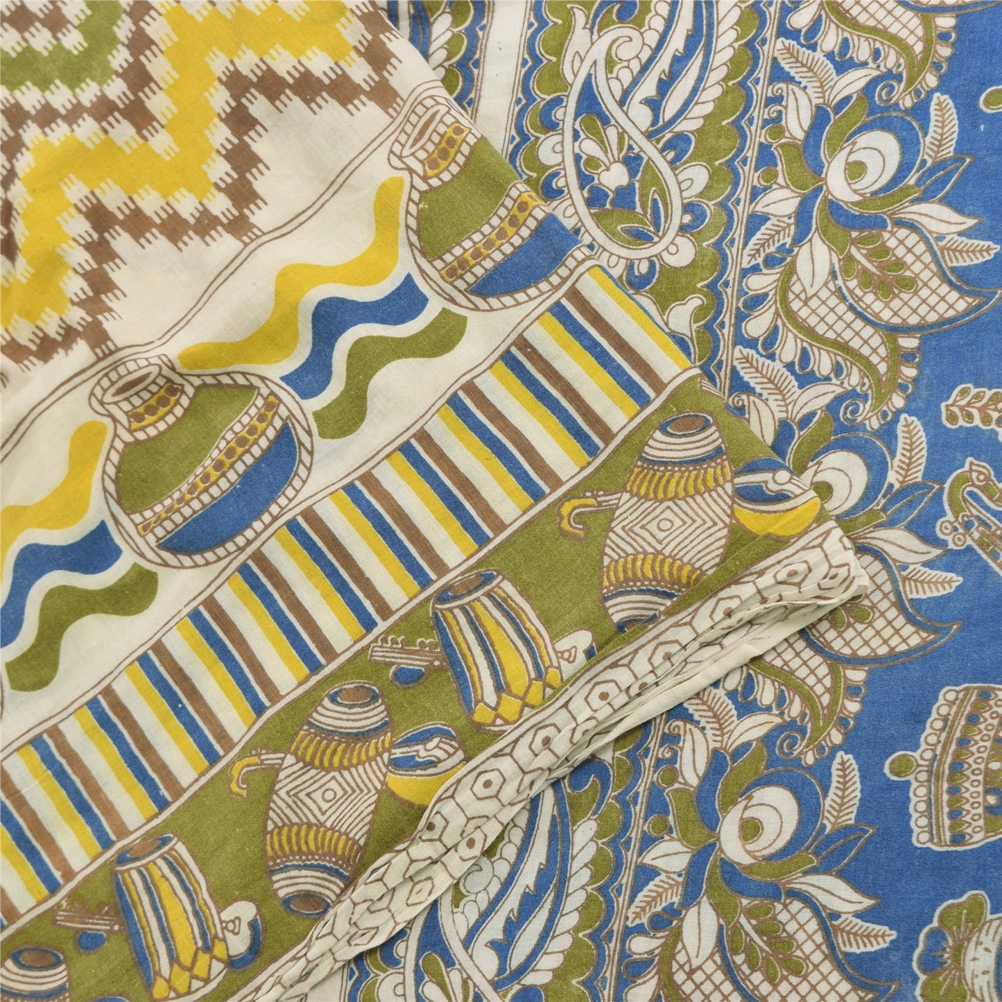 Sanskriti Vintage Sarees Ivory Handmade Kalamkari Pure Cotton Print Sari Sustainable Fabric