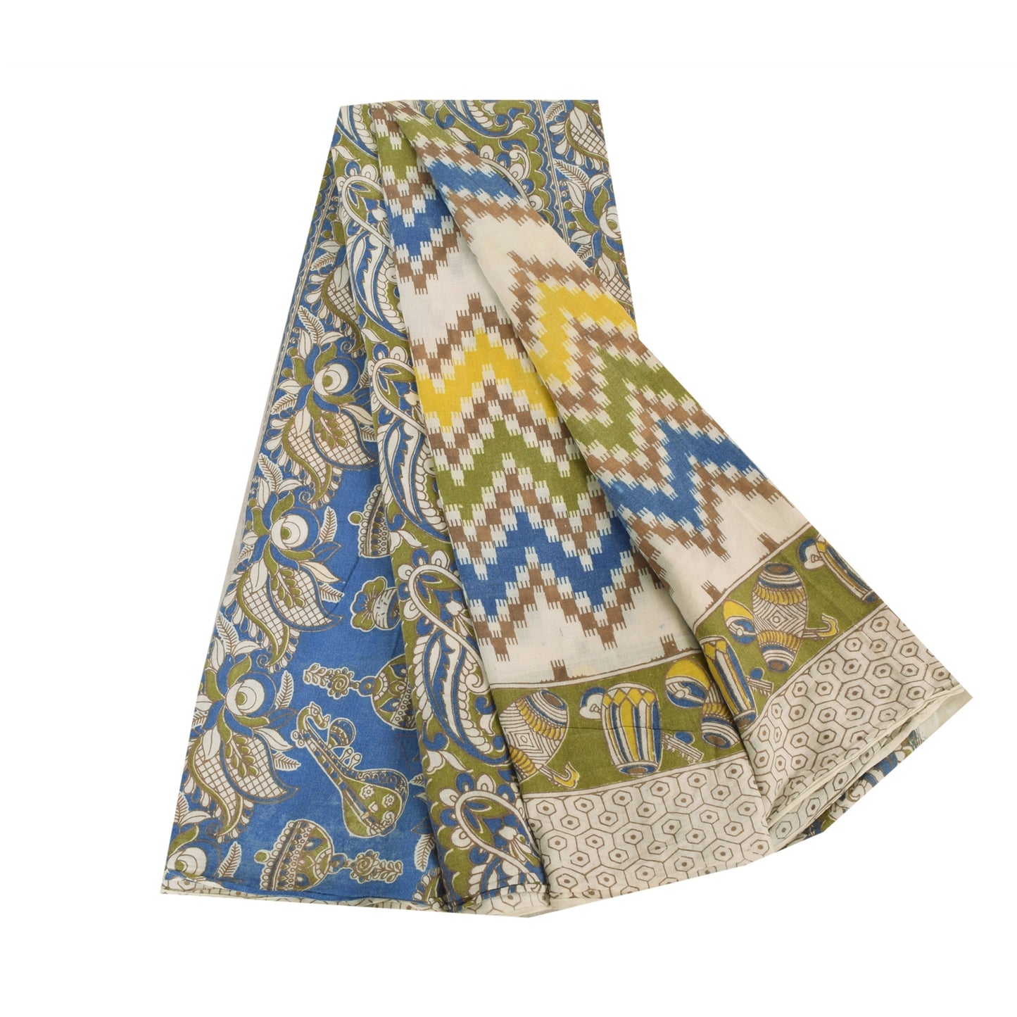 Sanskriti Vintage Sarees Ivory Handmade Kalamkari Pure Cotton Print Sari Sustainable Fabric