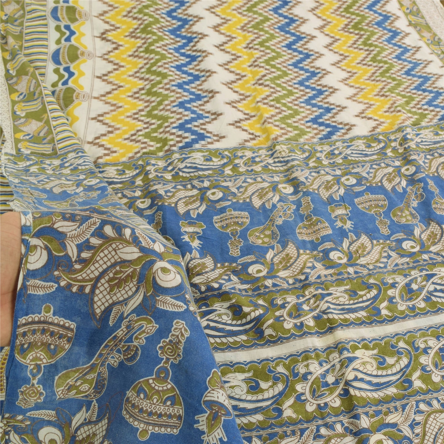 Sanskriti Vintage Sarees Ivory Handmade Kalamkari Pure Cotton Print Sari Sustainable Fabric