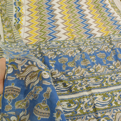 Sanskriti Vintage Sarees Ivory Handmade Kalamkari Pure Cotton Print Sari Sustainable Fabric