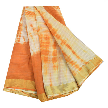 Sanskriti Vintage Sarees Orange/Ivory Tie-Dye Pure Cotton Sari 5yd Craft Sustainable Fabric
