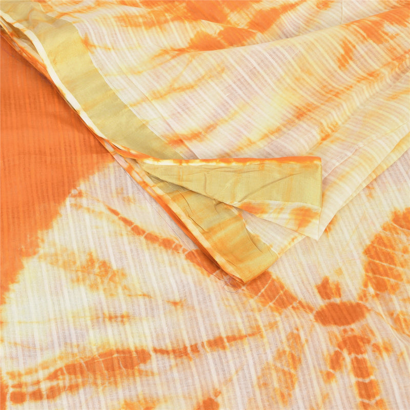 Sanskriti Vintage Sari 100% Pure Cotton Saree Orange/Ivory Tie-Dye 5Yd Craft Fabric Bohemian Fabric For Dressmaking, Decor Supplies