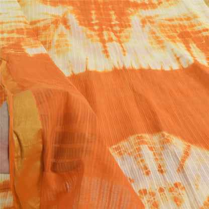 Sanskriti Vintage Sarees Orange/Ivory Tie-Dye Pure Cotton Sari 5yd Craft Sustainable Fabric