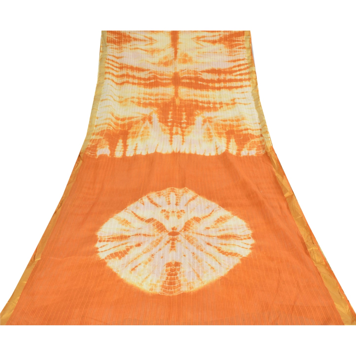 Sanskriti Vintage Sarees Orange/Ivory Tie-Dye Pure Cotton Sari 5yd Craft Sustainable Fabric
