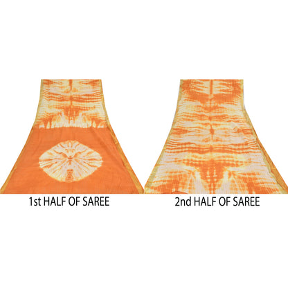 Sanskriti Vintage Sarees Orange/Ivory Tie-Dye Pure Cotton Sari 5yd Craft Sustainable Fabric