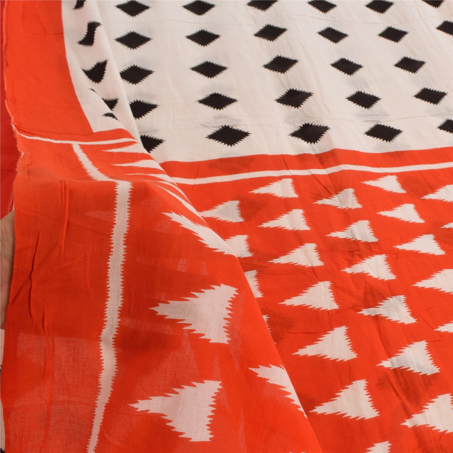 Sanskriti Vintage Sarees Ivory/Orange Pure Cotton Printed Sari 5yd Craft Sustainable Fabric