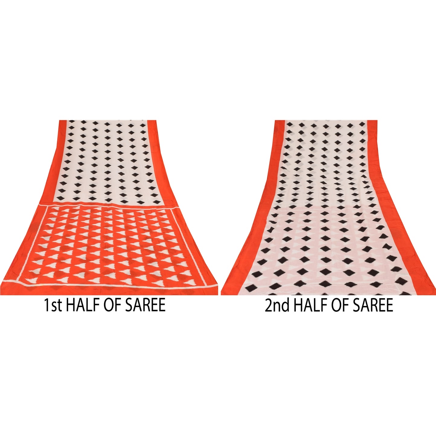 Sanskriti Vintage Sarees Ivory/Orange Pure Cotton Printed Sari 5yd Craft Sustainable Fabric