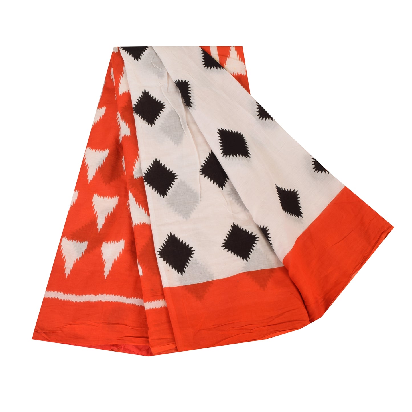 Sanskriti Vintage Sarees Ivory/Orange Pure Cotton Printed Sari 5yd Craft Sustainable Fabric