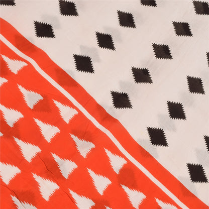 Sanskriti Vintage Sarees Ivory/Orange Pure Cotton Printed Sari 5yd Craft Sustainable Fabric