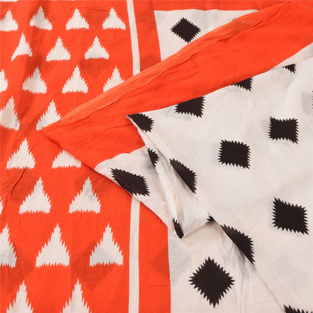Sanskriti Vintage Sarees Ivory/Orange Pure Cotton Printed Sari 5yd Craft Sustainable Fabric