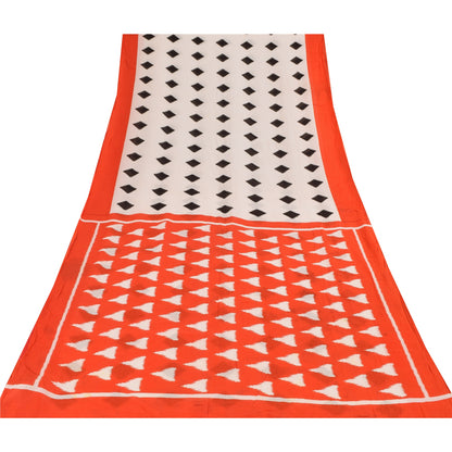 Sanskriti Vintage Sarees Ivory/Orange Pure Cotton Printed Sari 5yd Craft Sustainable Fabric