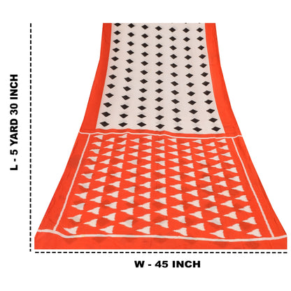 Sanskriti Vintage Sarees Ivory/Orange Pure Cotton Printed Sari 5yd Craft Sustainable Fabric