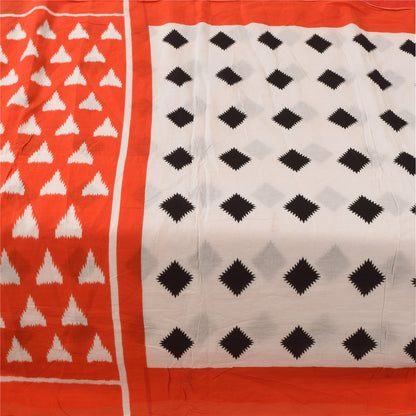 Sanskriti Vintage Sarees Ivory/Orange Pure Cotton Printed Sari 5yd Craft Sustainable Fabric
