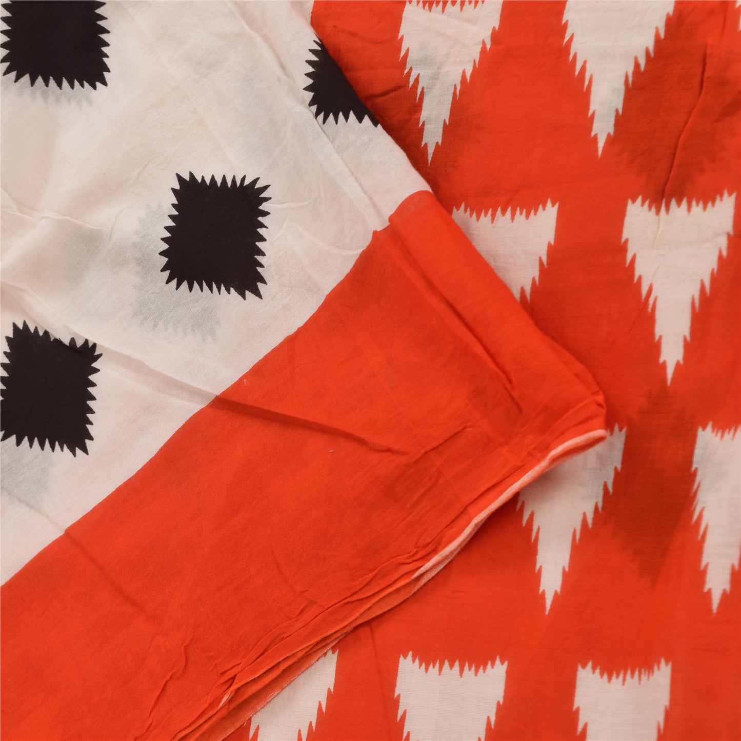 Sanskriti Vintage Sarees Ivory/Orange Pure Cotton Printed Sari 5yd Craft Sustainable Fabric