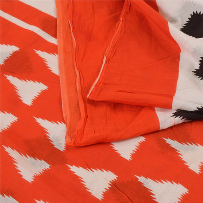 Sanskriti Vintage Sarees Ivory/Orange Pure Cotton Printed Sari 5yd Craft Sustainable Fabric