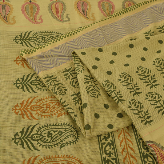 Sanskriti Vintage Sarees Block Printed Cream/Green Pure Cotton Sari 5yd Sustainable Fabric
