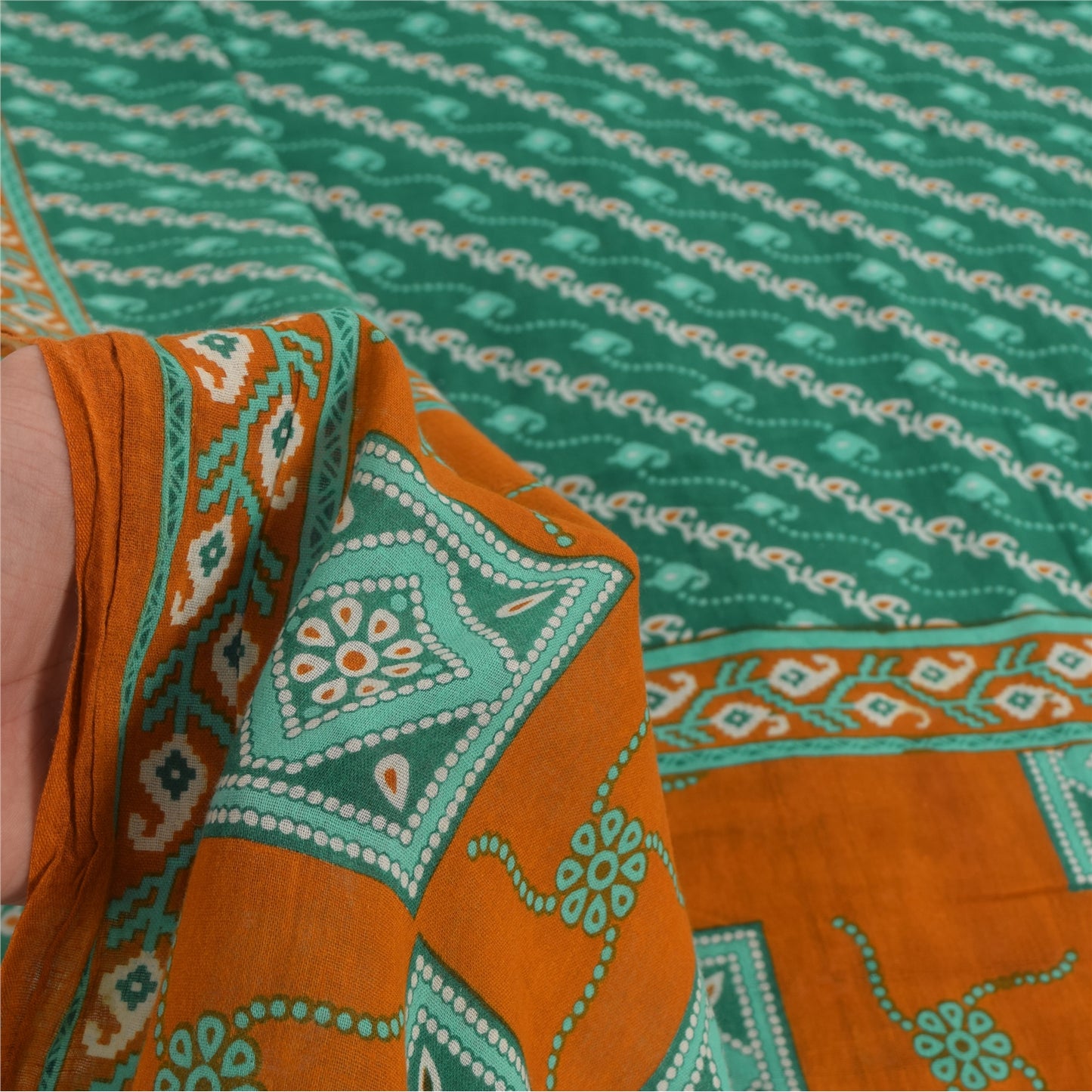 Sanskriti Vintage Sarees From India Blue Pure Cotton Print Sari 5yd Craft Sustainable Fabric