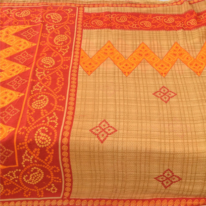 Sanskriti Vintage Sarees Brown Bandhani Print Pure Cotton Sari 5yd Craft Fabric