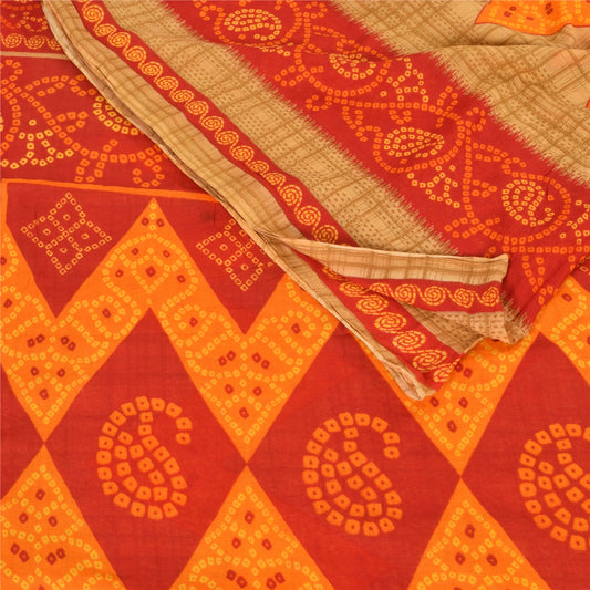 Sanskriti Vintage Sarees Brown Bandhani Print Pure Cotton Sari 5yd Craft Fabric