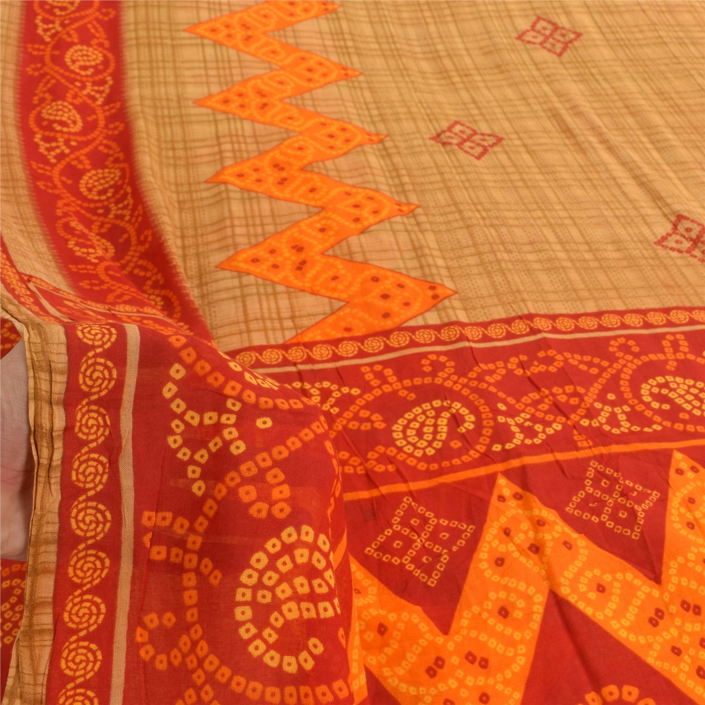 Sanskriti Vintage Sarees Brown Bandhani Print Pure Cotton Sari 5yd Craft Fabric