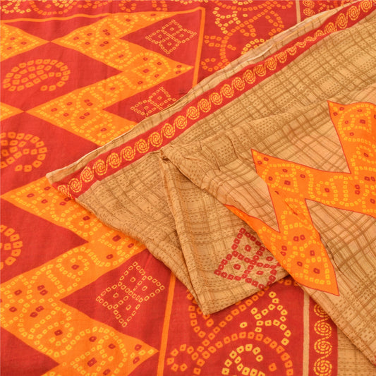 Sanskriti Vintage Sarees Brown Bandhani Print Pure Cotton Sari 5yd Craft Fabric
