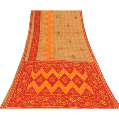Sanskriti Vintage Sarees Brown Bandhani Print Pure Cotton Sari 5yd Craft Fabric