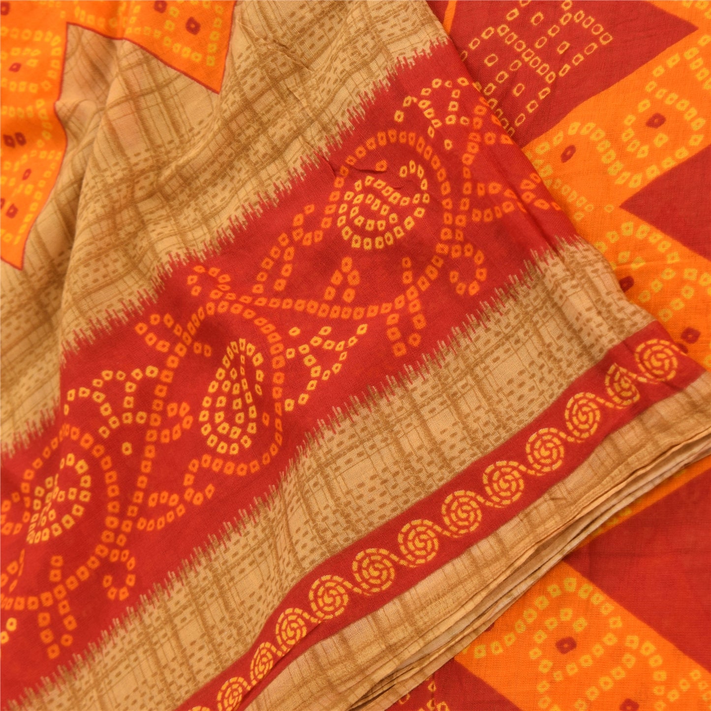 Sanskriti Vintage Sarees Brown Bandhani Print Pure Cotton Sari 5yd Craft Fabric