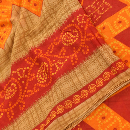 Sanskriti Vintage Sarees Brown Bandhani Print Pure Cotton Sari 5yd Craft Fabric