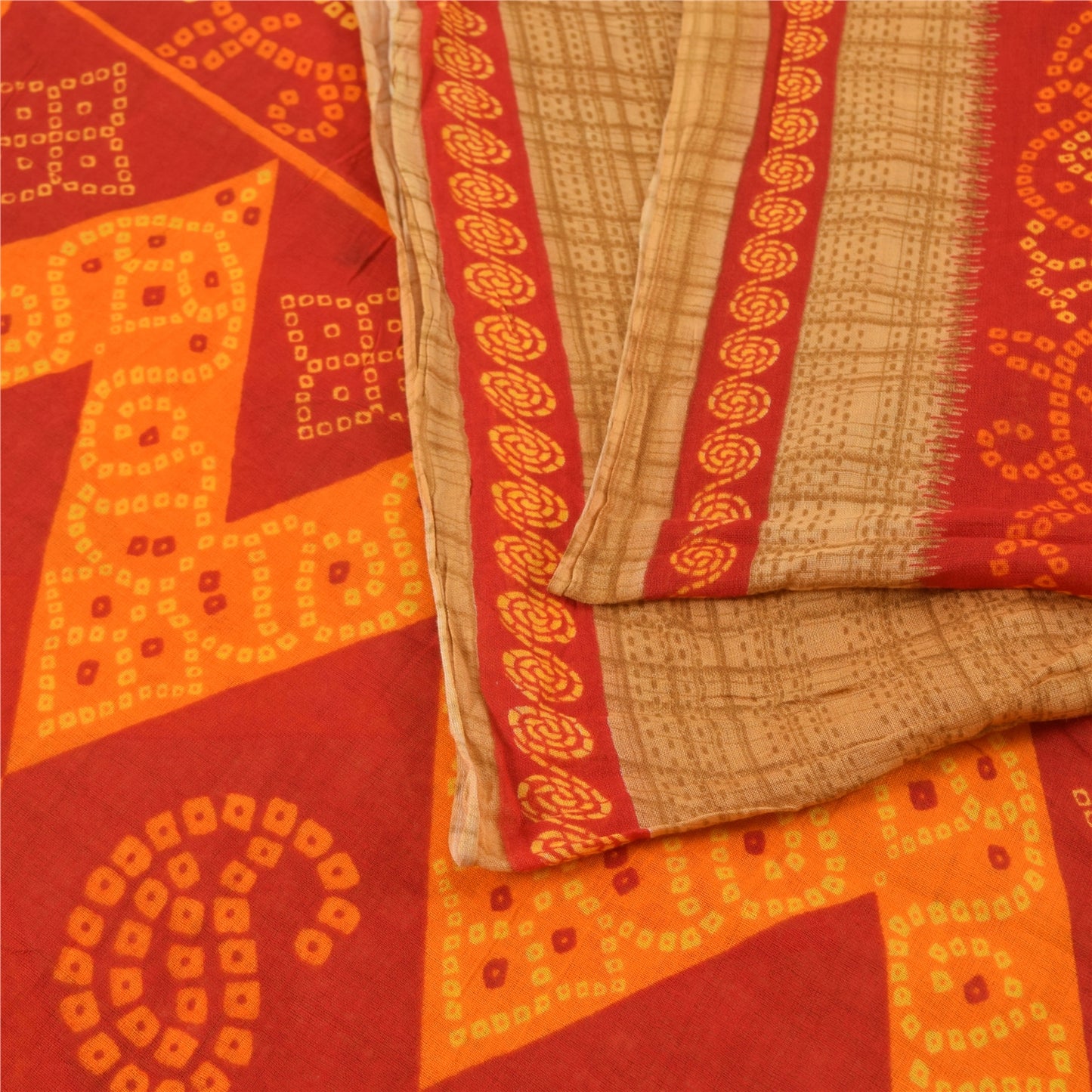 Sanskriti Vintage Sarees Brown Bandhani Print Pure Cotton Sari 5yd Craft Fabric