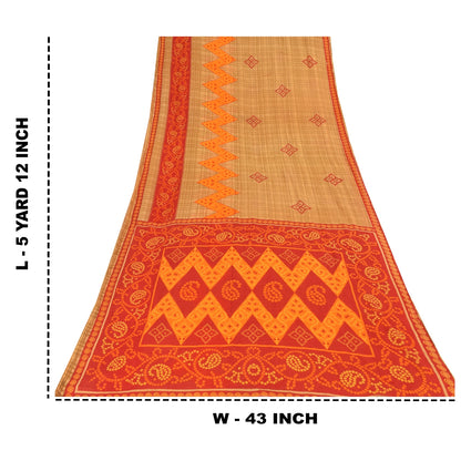 Sanskriti Vintage Sarees Brown Bandhani Print Pure Cotton Sari 5yd Craft Fabric