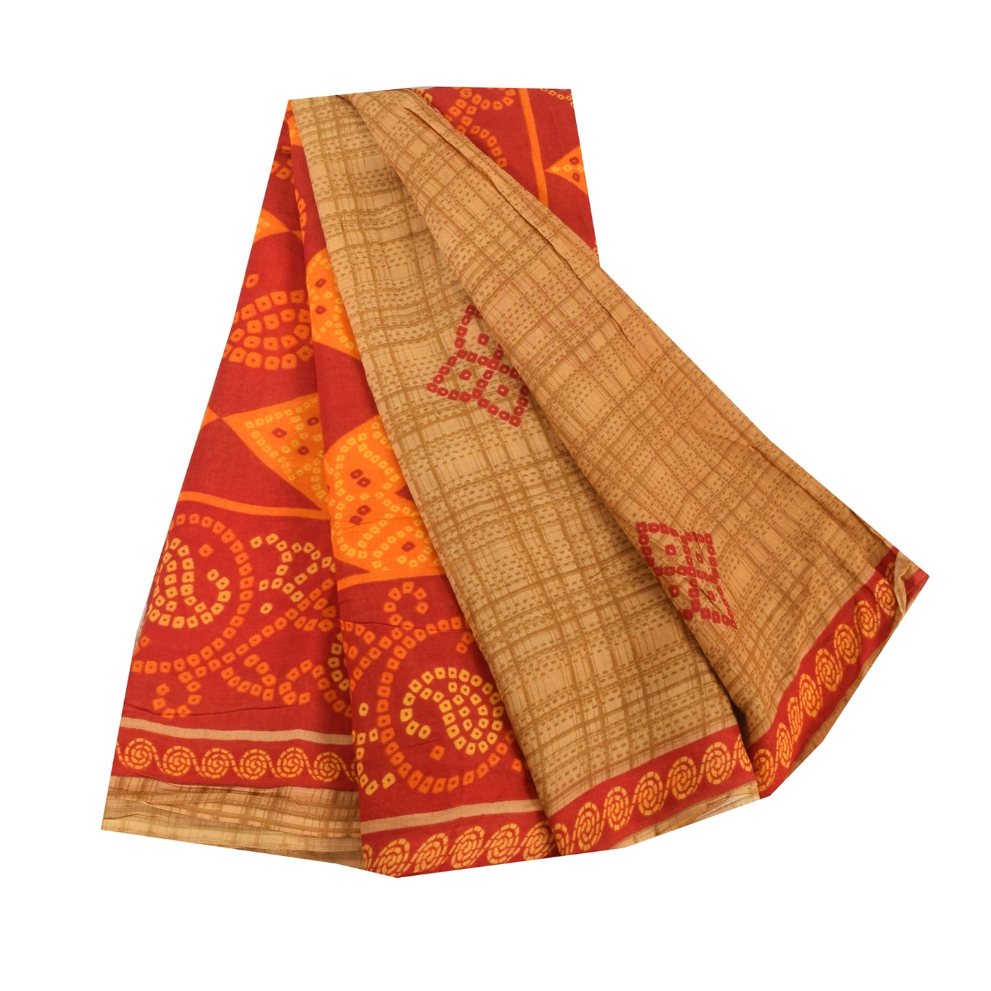 Sanskriti Vintage Sarees Brown Bandhani Print Pure Cotton Sari 5yd Craft Fabric