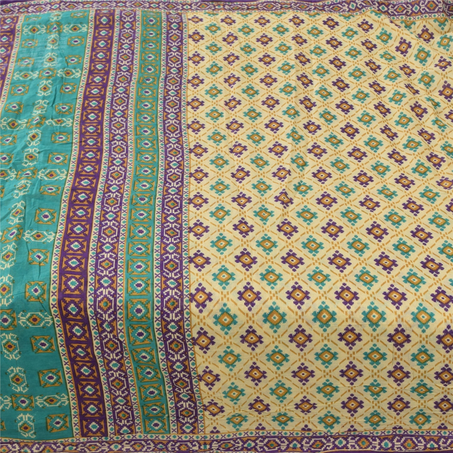 Sanskriti Vintage Sarees Indian Cream Pure Cotton Printed Sari 5yd Craft Sustainable Fabric