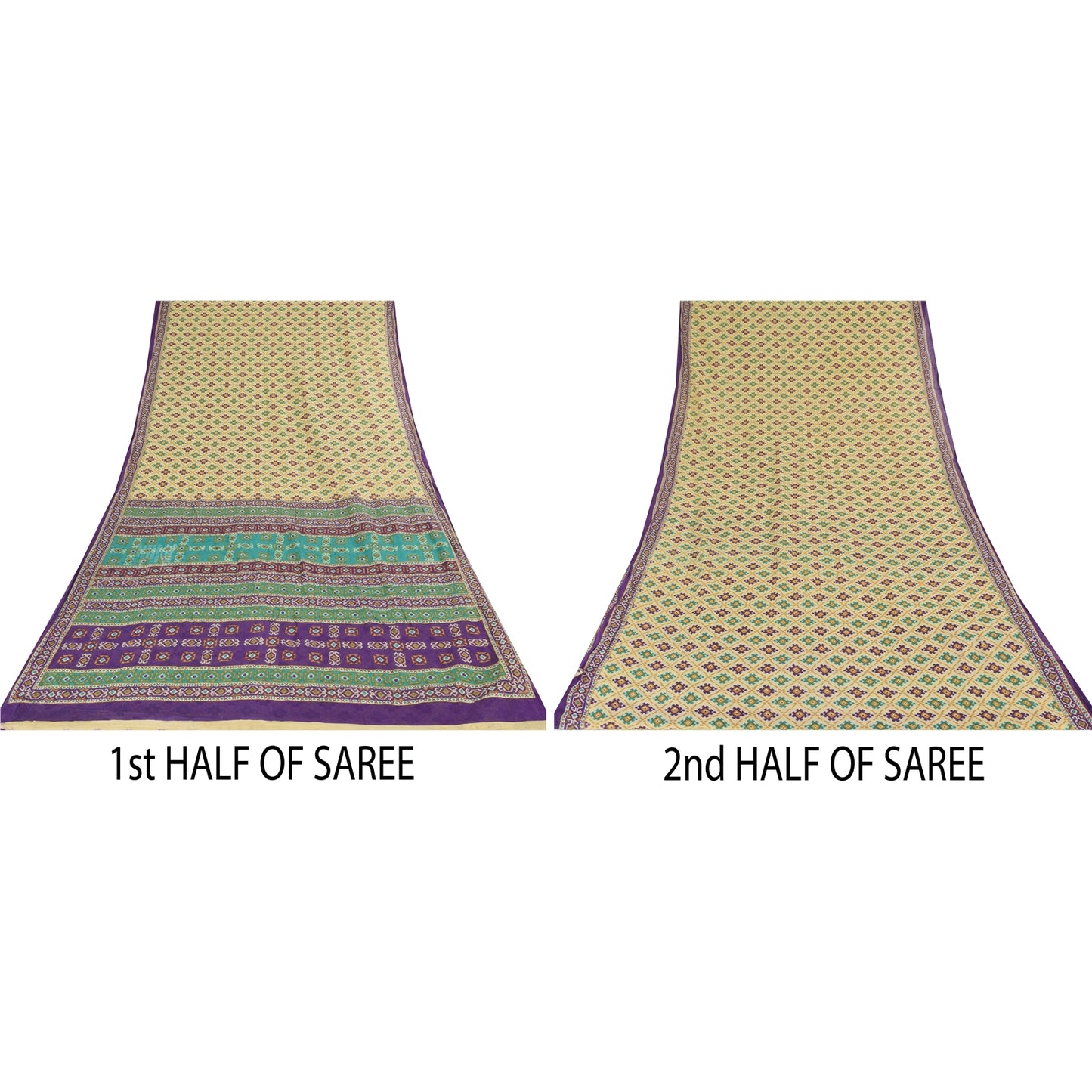 Sanskriti Vintage Sarees Indian Cream Pure Cotton Printed Sari 5yd Craft Sustainable Fabric