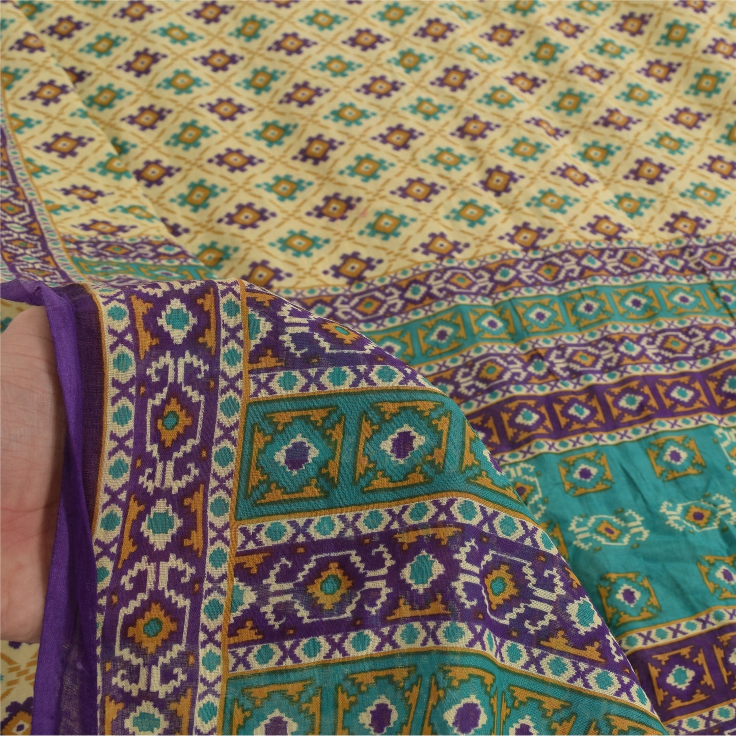 Sanskriti Vintage Sarees Indian Cream Pure Cotton Printed Sari 5yd Craft Sustainable Fabric