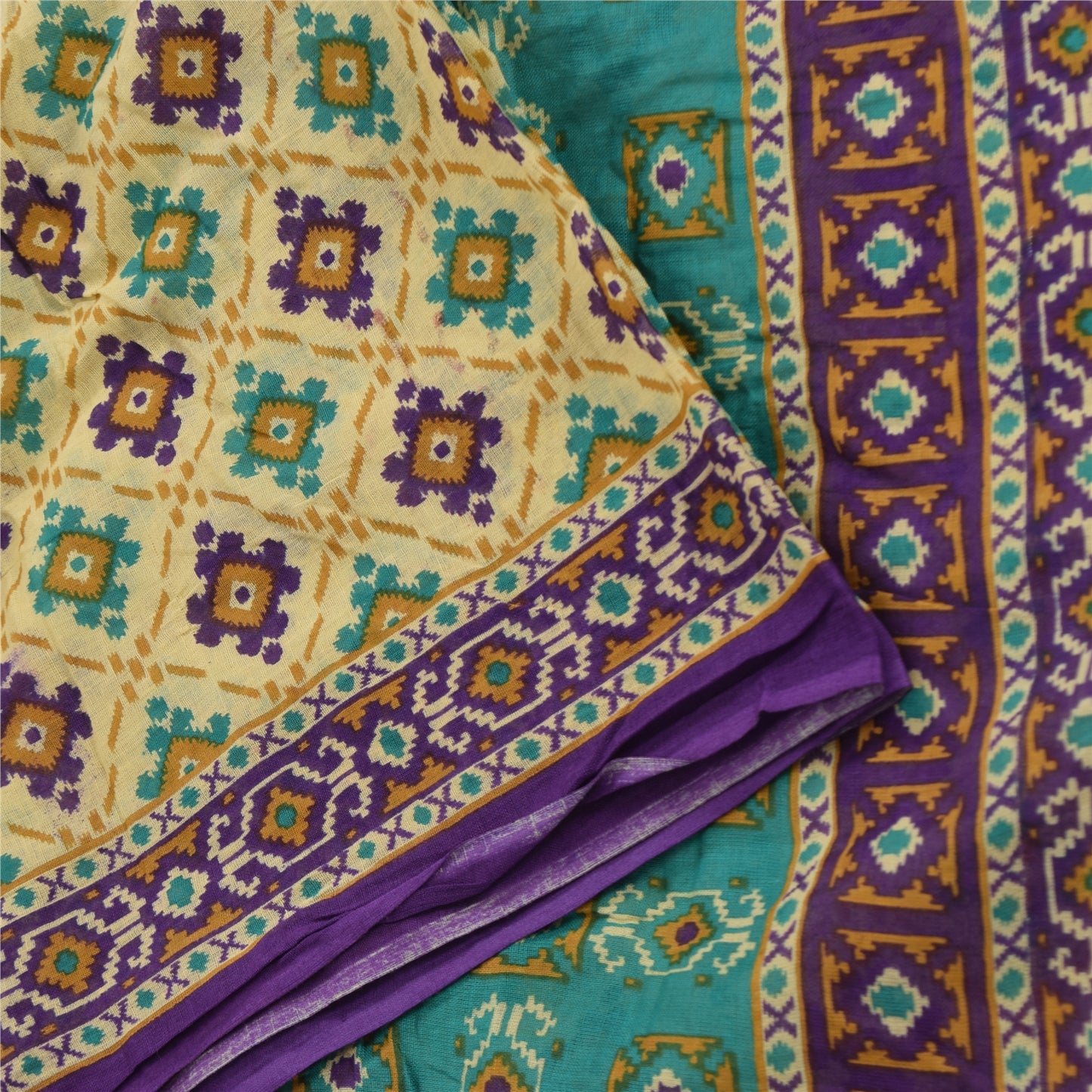 Sanskriti Vintage Sarees Indian Cream Pure Cotton Printed Sari 5yd Craft Sustainable Fabric