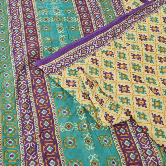 Sanskriti Vintage Sarees Indisk Cremefarvet Sari i Ren Bomuld Trykt 5 m Håndværksmæssigt Bæredygtigt Stoff