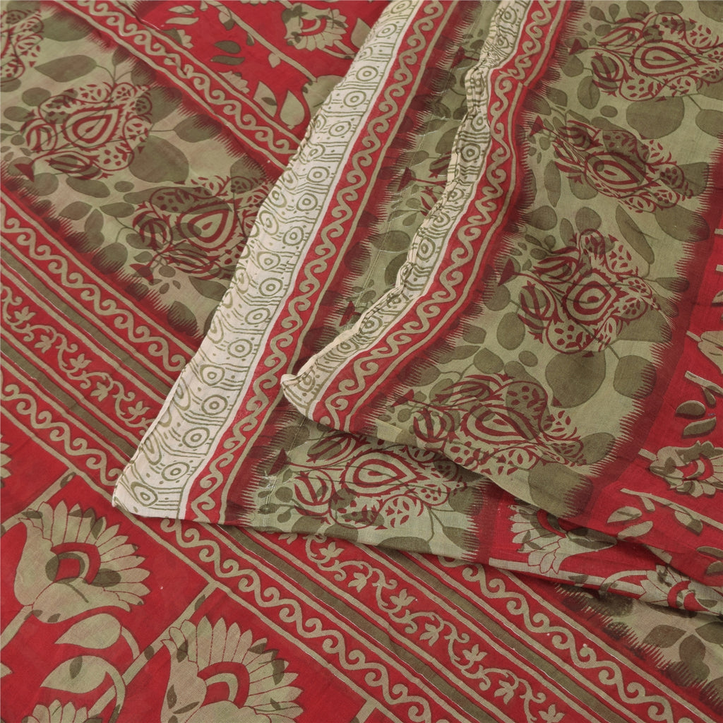 Sanskriti Vintage Sarees From India Red Pure Cotton Print Sari 5yd Craft Fabric