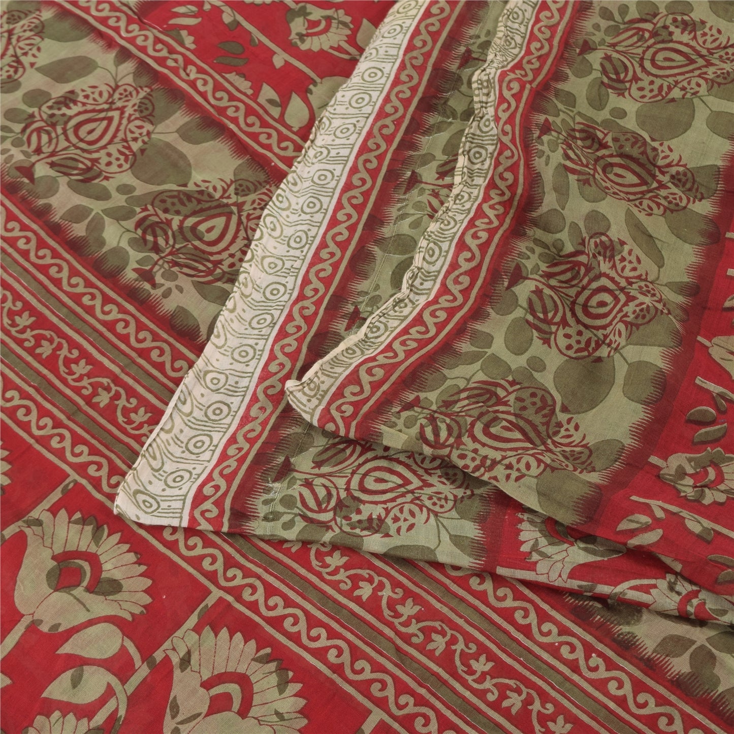 Sanskriti Vintage Sarees From India Red Pure Cotton Print Sari 5yd Craft Fabric
