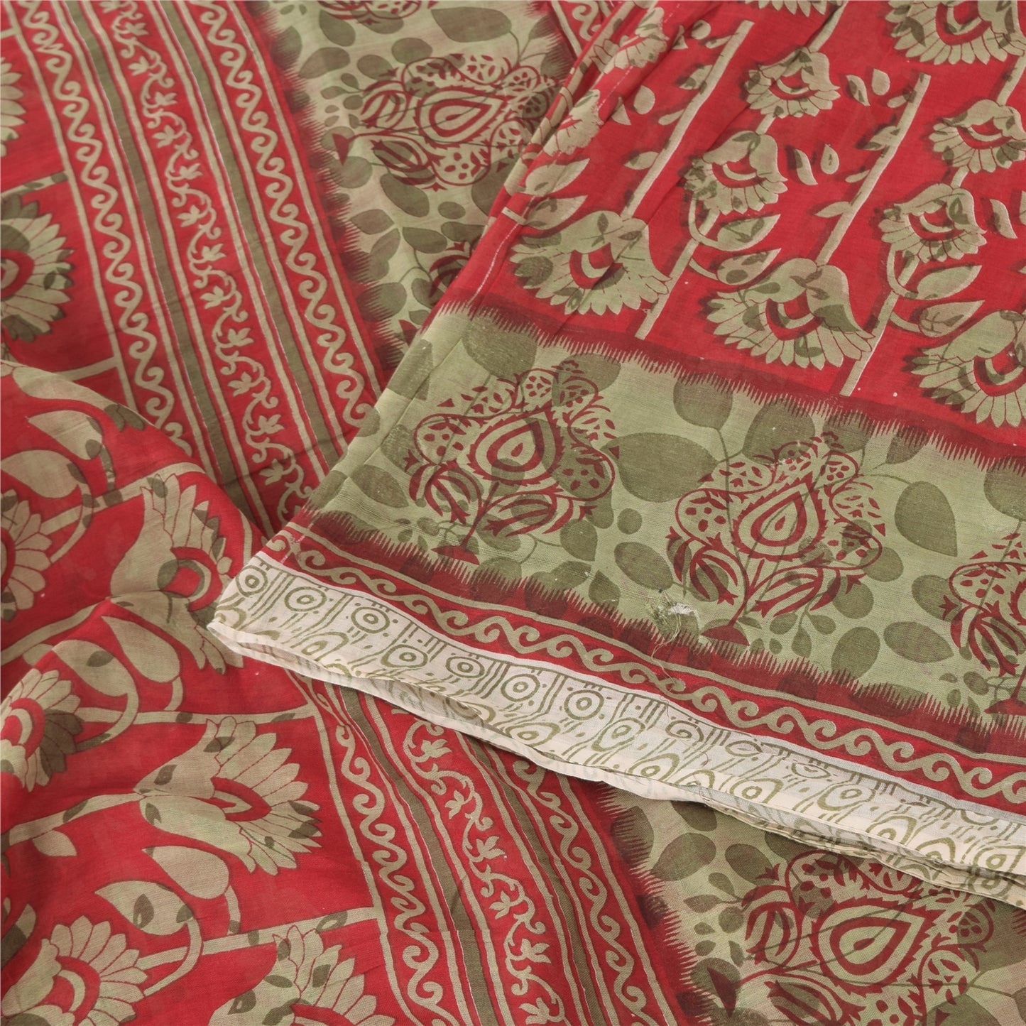 Sanskriti Vintage Sarees From India Red Pure Cotton Print Sari 5yd Craft Fabric