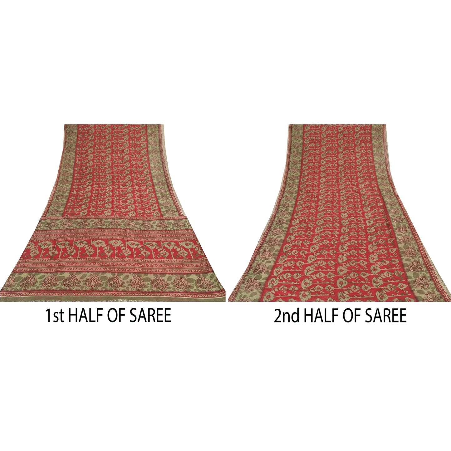 Sanskriti Vintage Sarees From India Red Pure Cotton Print Sari 5yd Craft Fabric