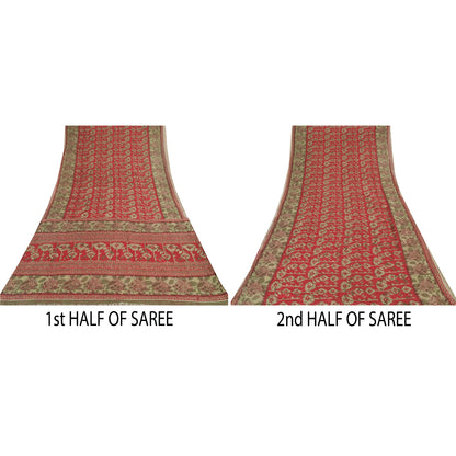 Sanskriti Vintage Sarees From India Red Pure Cotton Print Sari 5yd Craft Fabric
