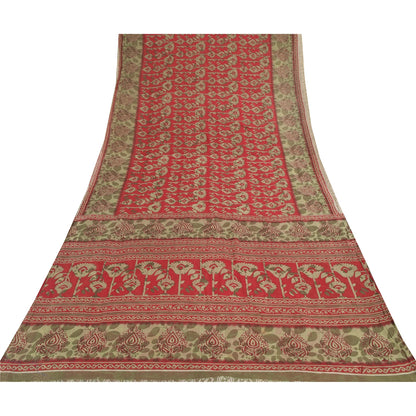 Sanskriti Vintage Sarees From India Red Pure Cotton Print Sari 5yd Craft Fabric