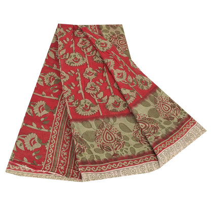 Sanskriti Vintage Sarees From India Red Pure Cotton Print Sari 5yd Craft Fabric