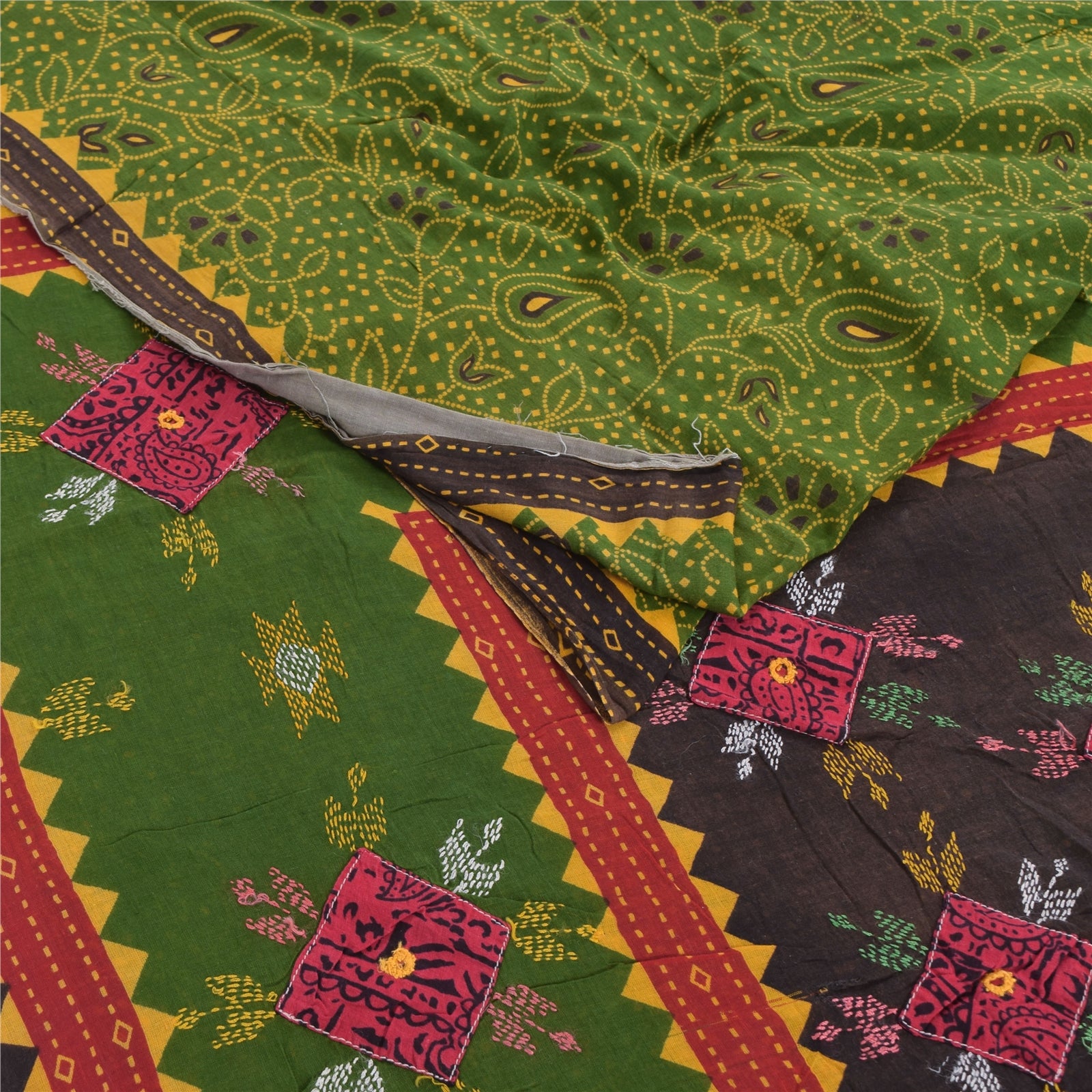 Sanskriti Vintage Sari 100% Pure Cotton Saree Green Hand Embroidered Mirror Work Printed 5yd Craft Fabric For Decor Supplies, Sewing