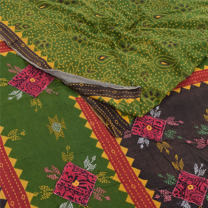Sanskriti Vintage Sarees Green Hand Embroidered Printed Pure Cotton Sari Sustainable Fabric