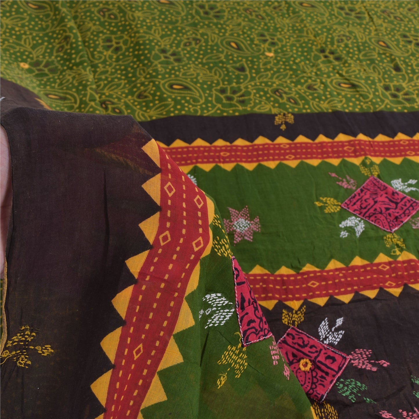 Sanskriti Vintage Sarees Green Hand Embroidered Printed Pure Cotton Sari Sustainable Fabric